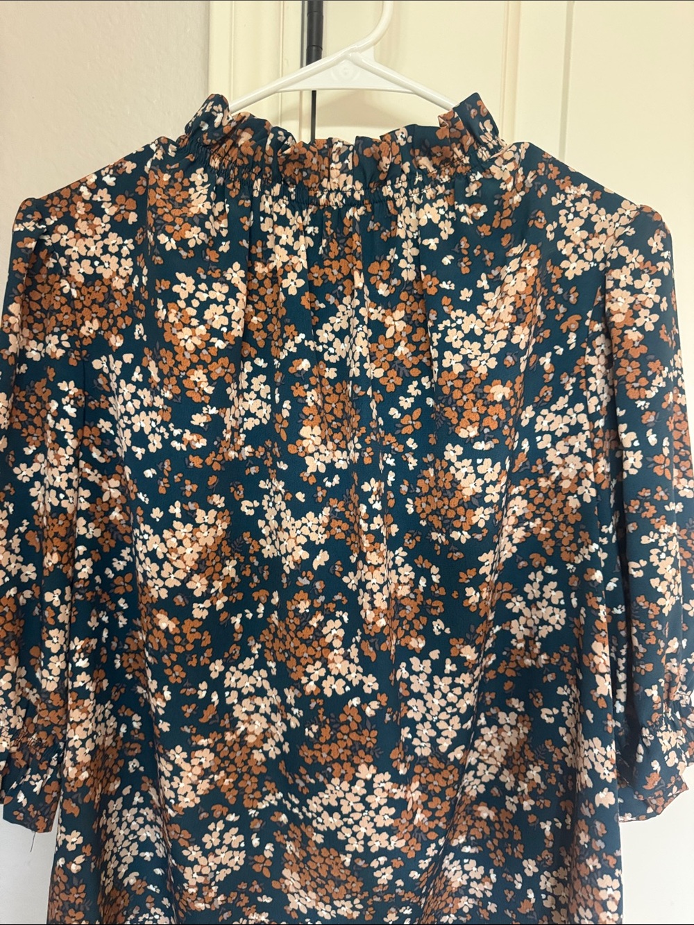 Teal Floral Ruffle Neck Blouse - Brown & White Print - Picture 3 of 4